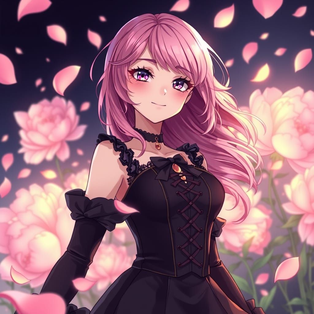 Ethereal Gothic Beauty in a Whirlwind of Peony Petals