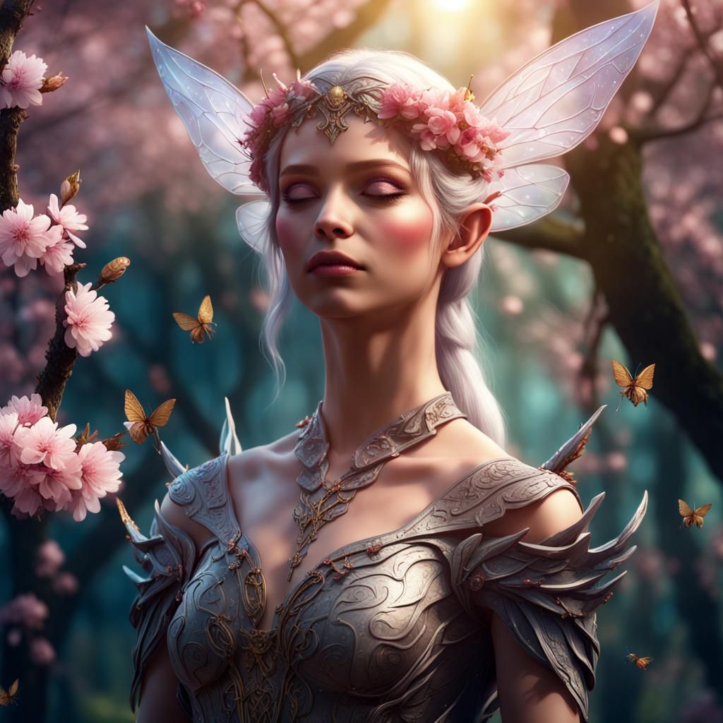 Elegant Elven Queen in Cherry Blossom Forest