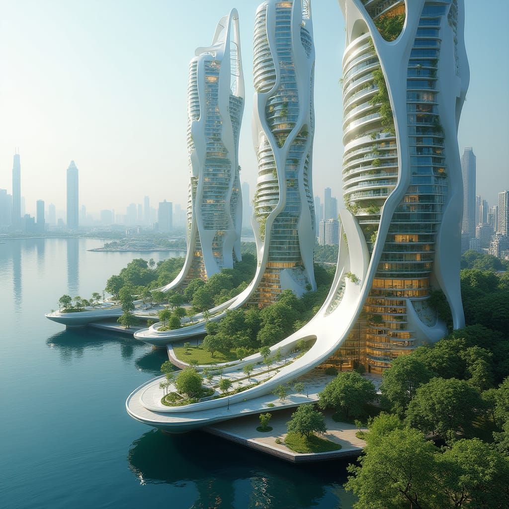 Luminous Blooms: Futuristic Cityscape with Petal-Like Skyscr...