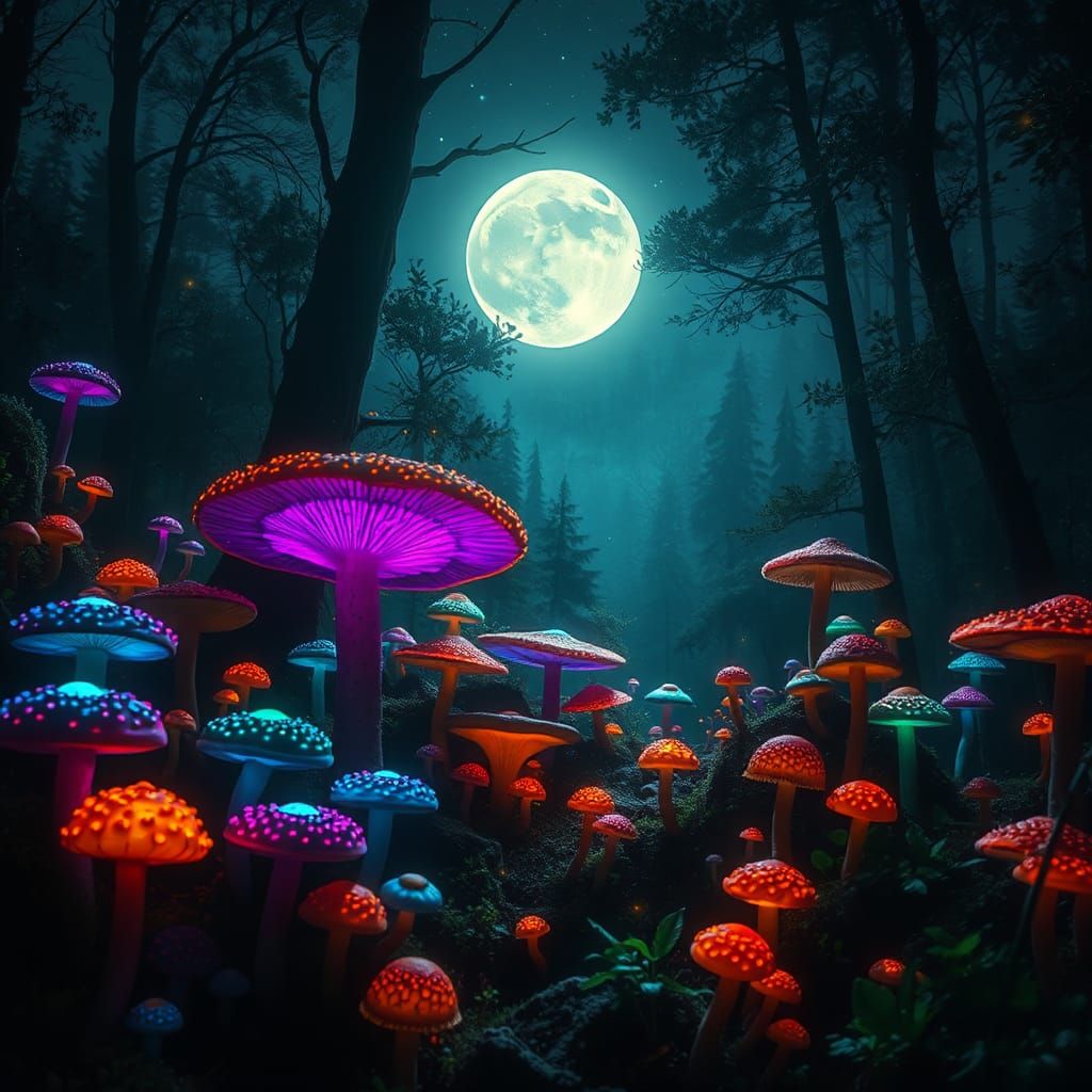 Enchanted Forest: Glowing Mushrooms in Moonlight