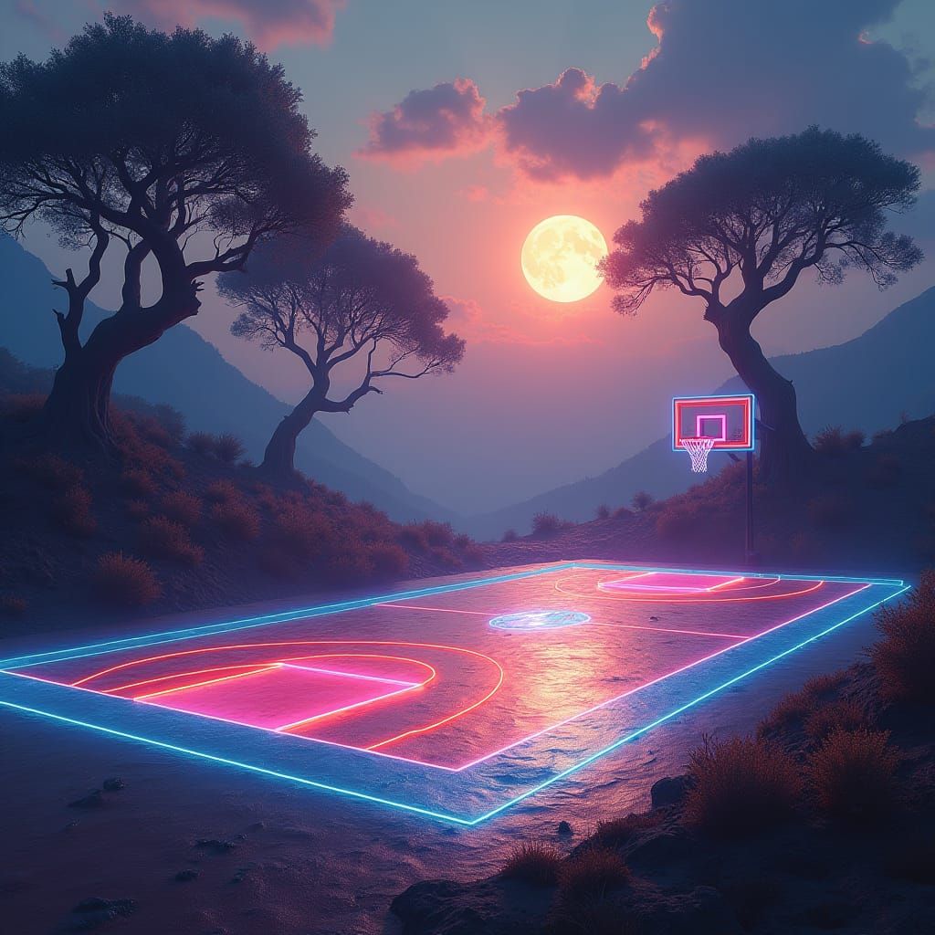 Mystical Glowing Basketball Court in Dreamlike Landscape