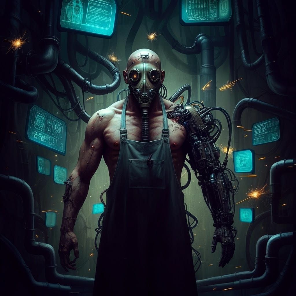 Biomechanical Posthuman Engineer in Industrial Cyberpunk Hel...