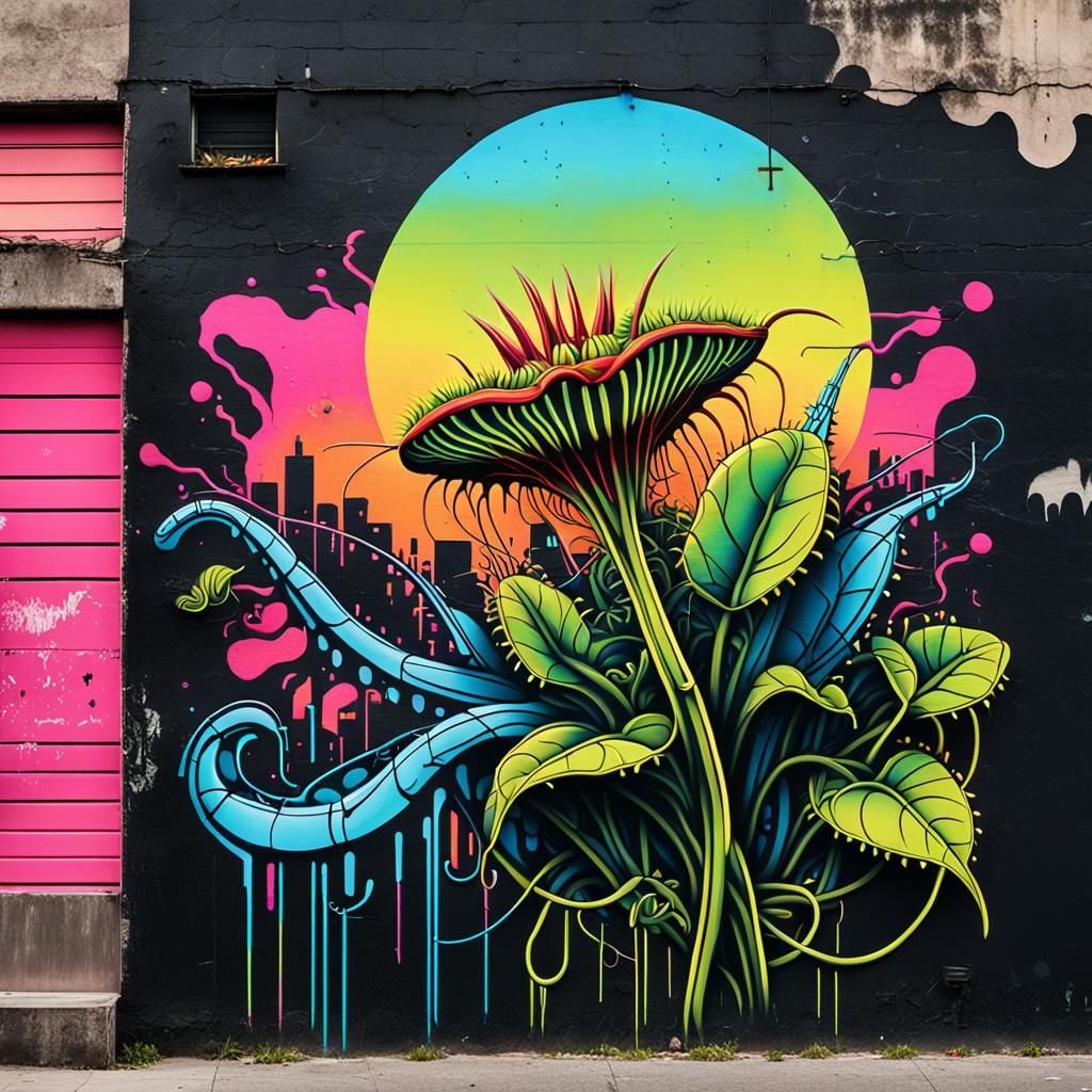 Neon Venus Fly Trap Street Art