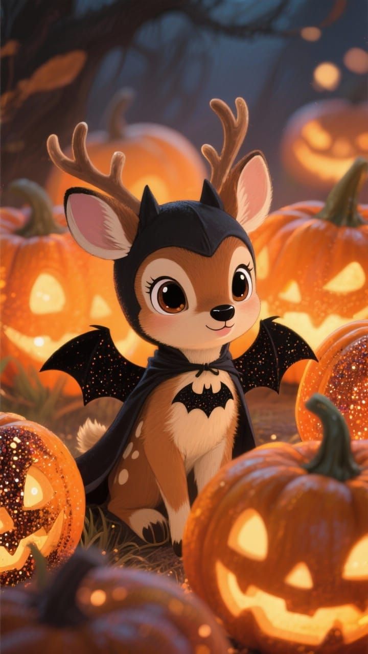Cute Baby Deer in Bat Costume with Glowing Pumpkins