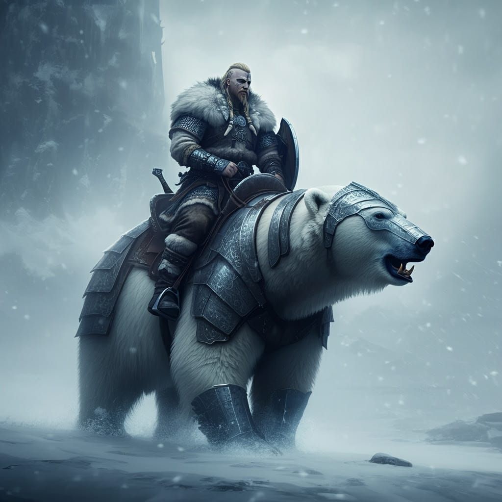 Nordic Warrior Rides Majestic Polar Bear into Arctic Storm