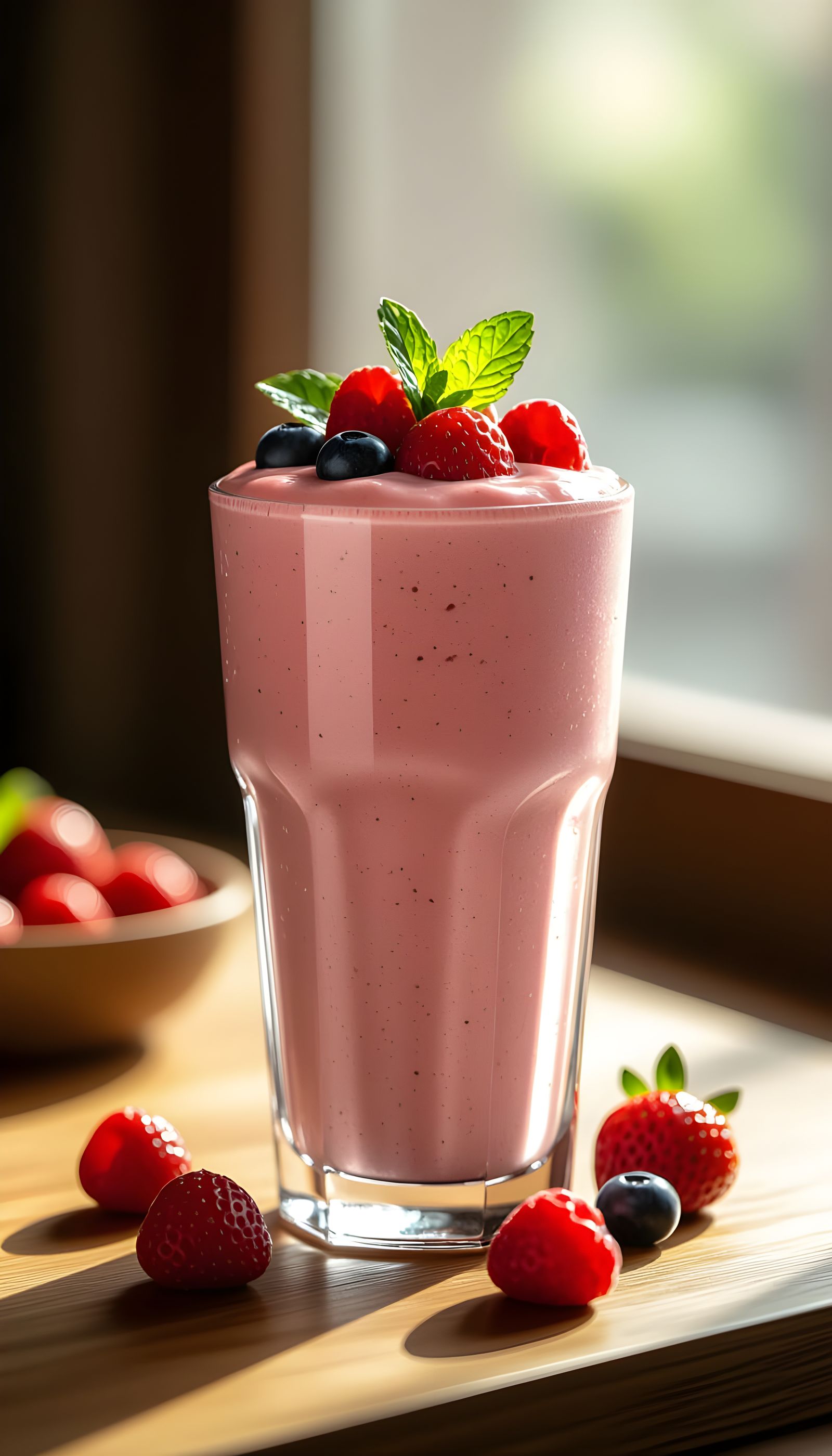 Strawberry Mint Smoothie in Sunlight Ultra-Realistic Photogr...