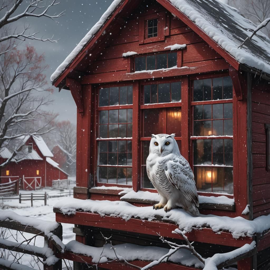 White Owl in Barn Window: Detailed Matte Painting