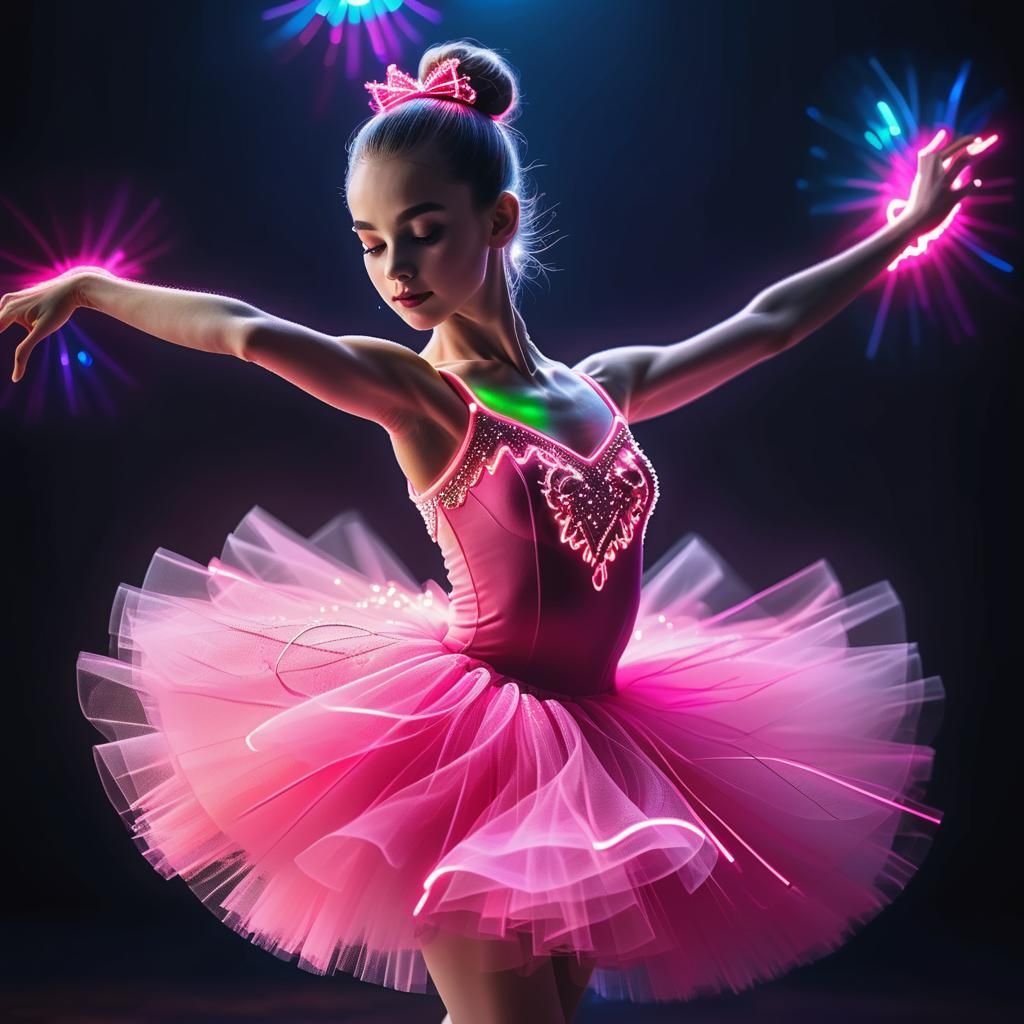 Ballerina in Neon Pink Tutu Dances in Ballroom