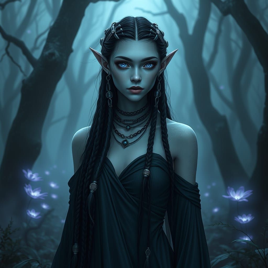 Cybernetic Elf in Bioluminescent Forest, Dark Fantasy Art