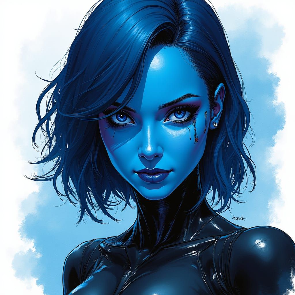 Cybernetic Heroine with Cobalt Face in Cyberpunk Comic Style