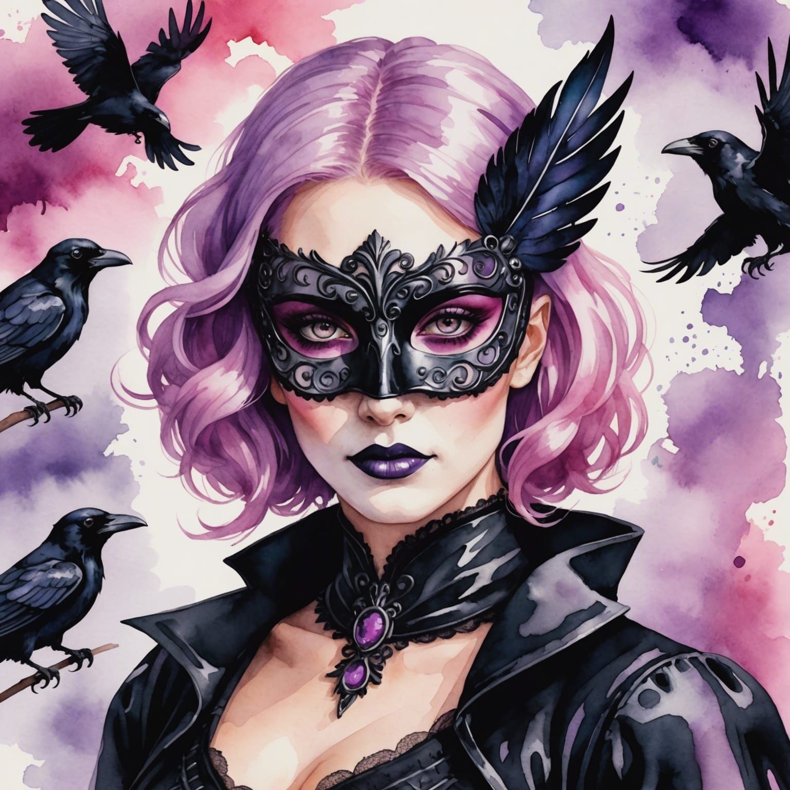 Raven Masked Woman at Masquerade Ball in Watercolor