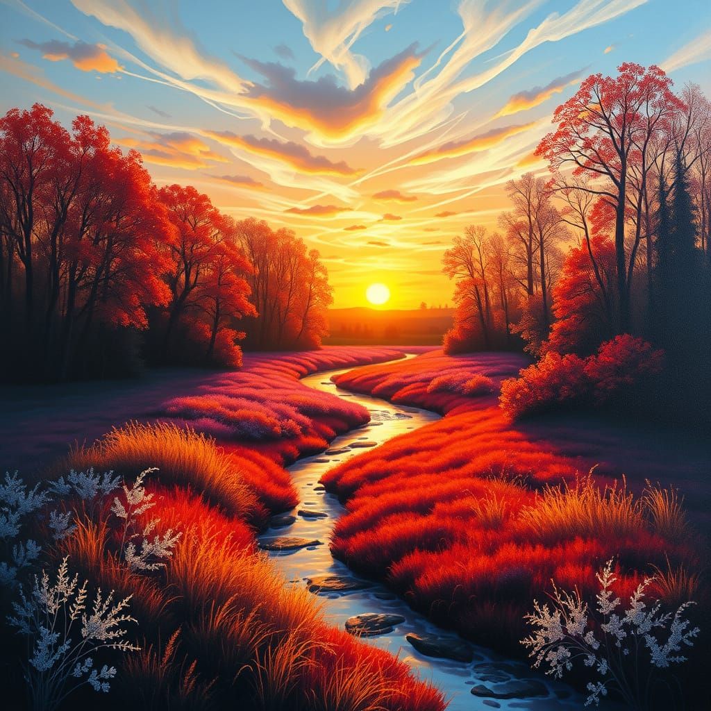 Bathed in the warm glow of a sunrise, a tranquil landscape u...