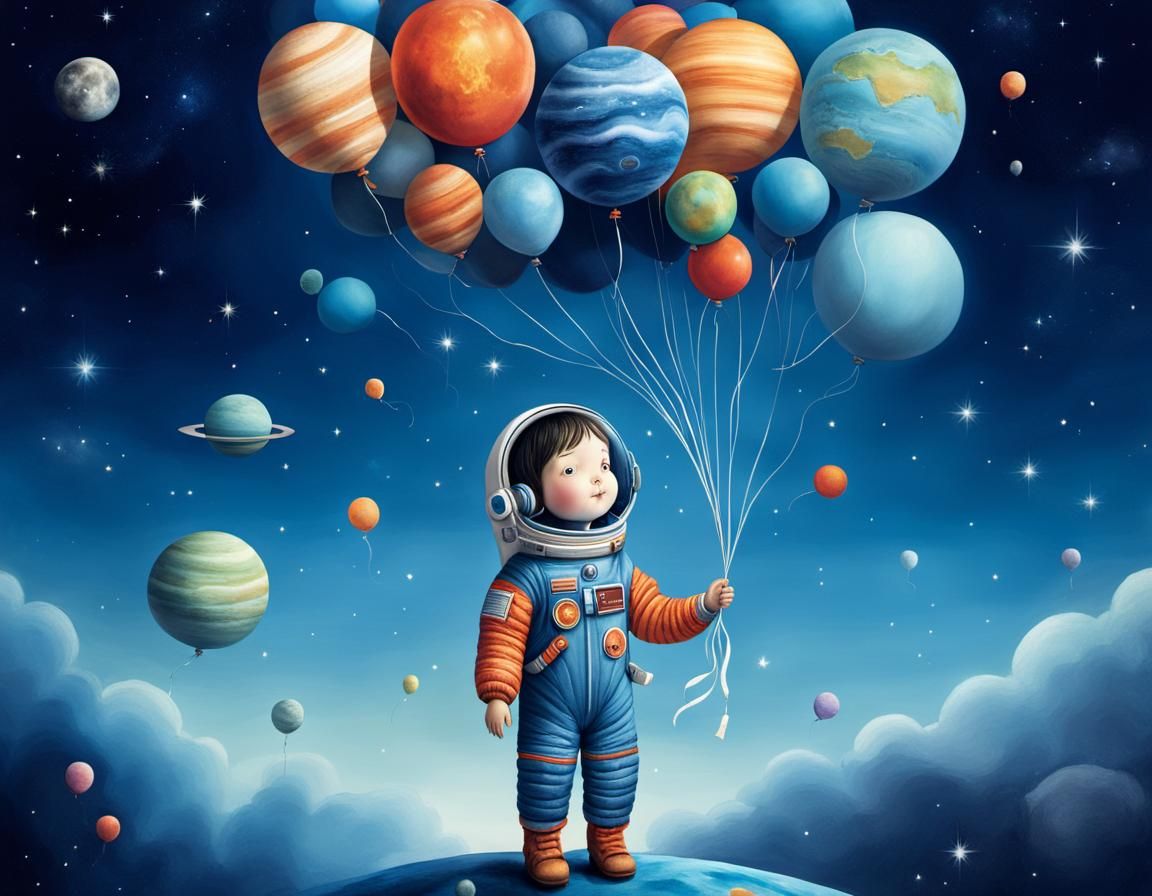 Astronaut with Planet Balloons: Whimsical Illustration