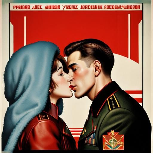 Stylized Soviet Propaganda Poster of a Kiss