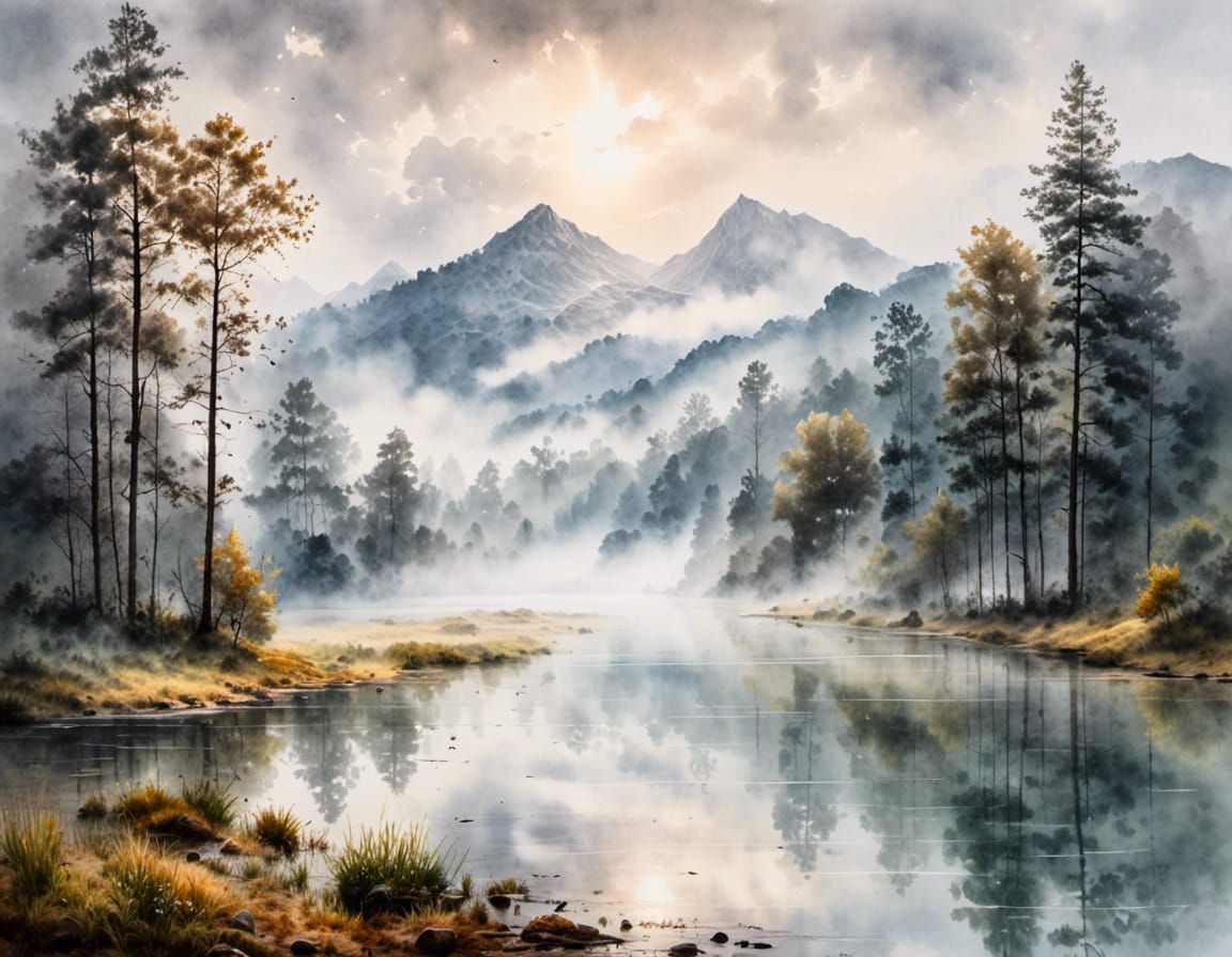 Misty Forest Lake: Fine Art Watercolor Painting