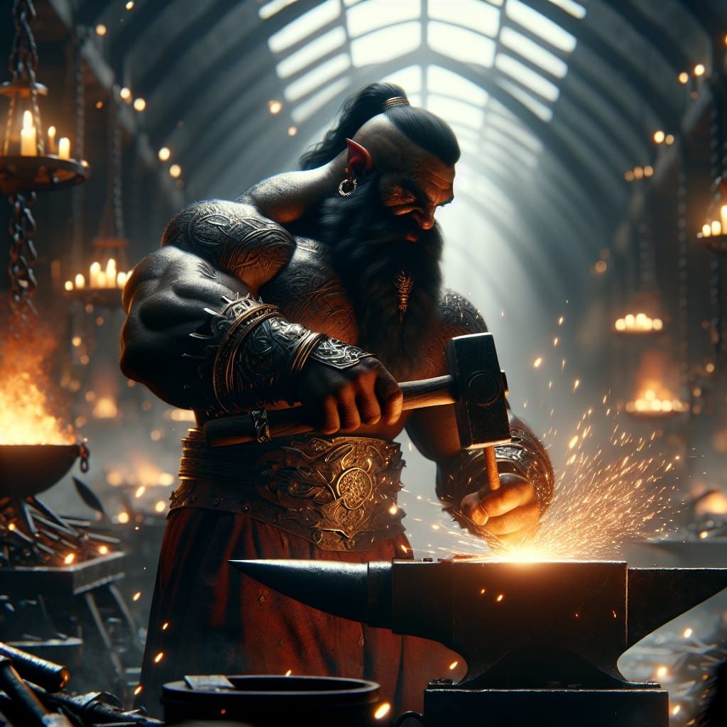 Dwarf-Orc Blacksmith at Anvil: Fantasy Concept Art