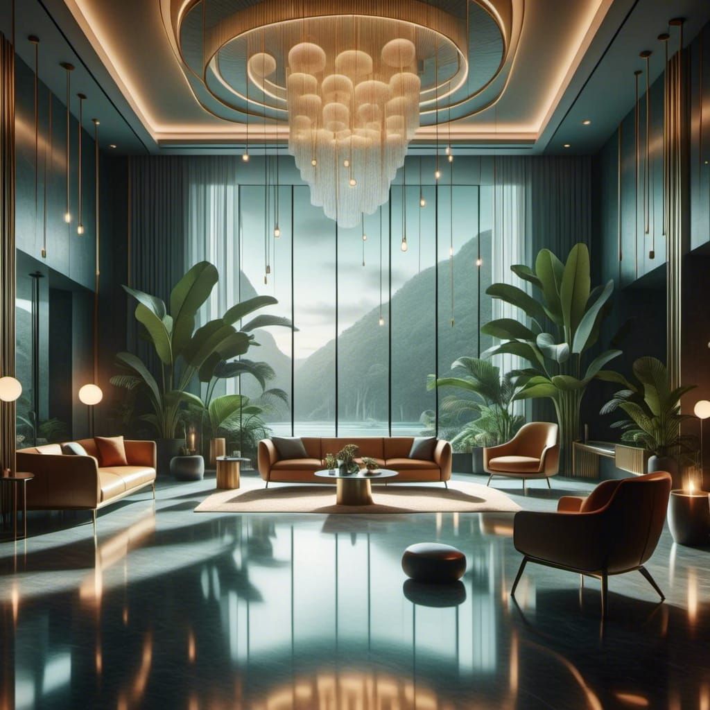 Rainy Luxury Hotel Lobby in Oil Painting Style