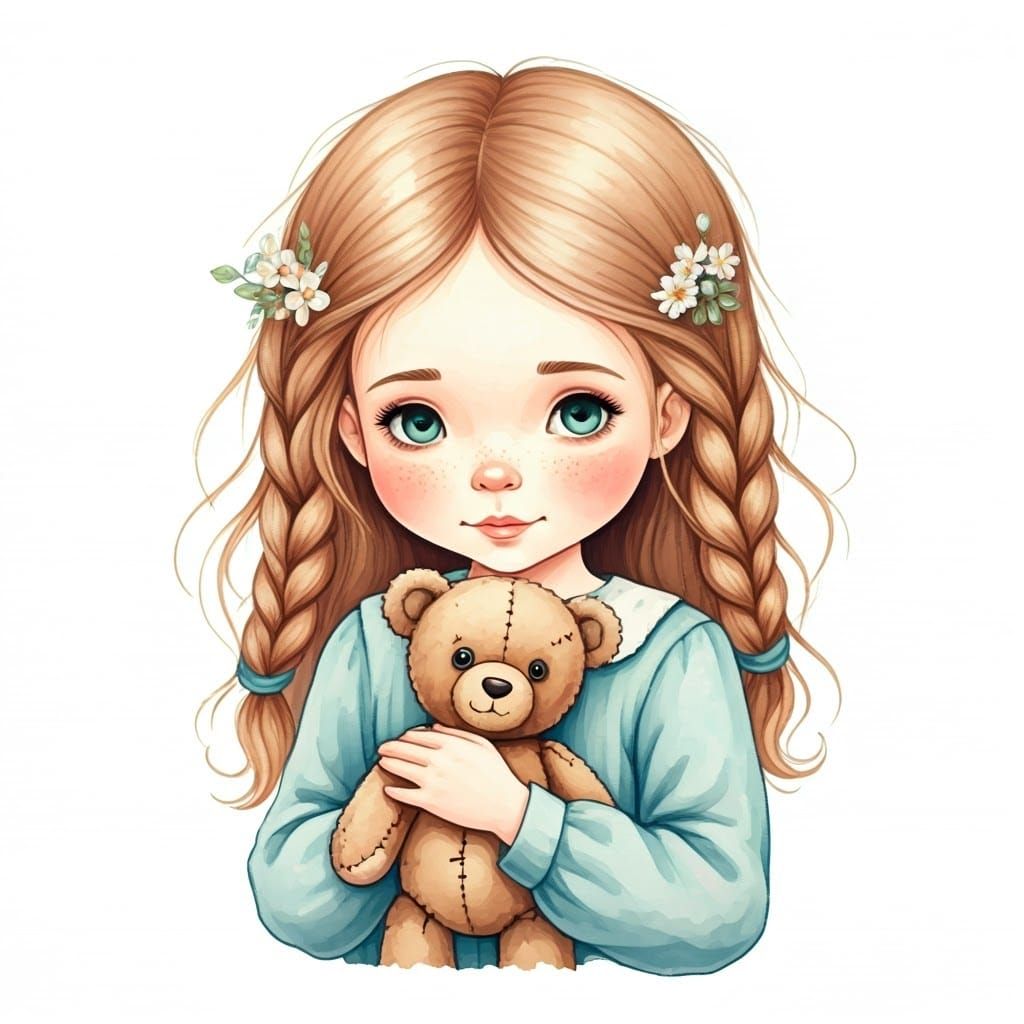 Whimsical Girl with Teddy Bear in Watercolor Style
