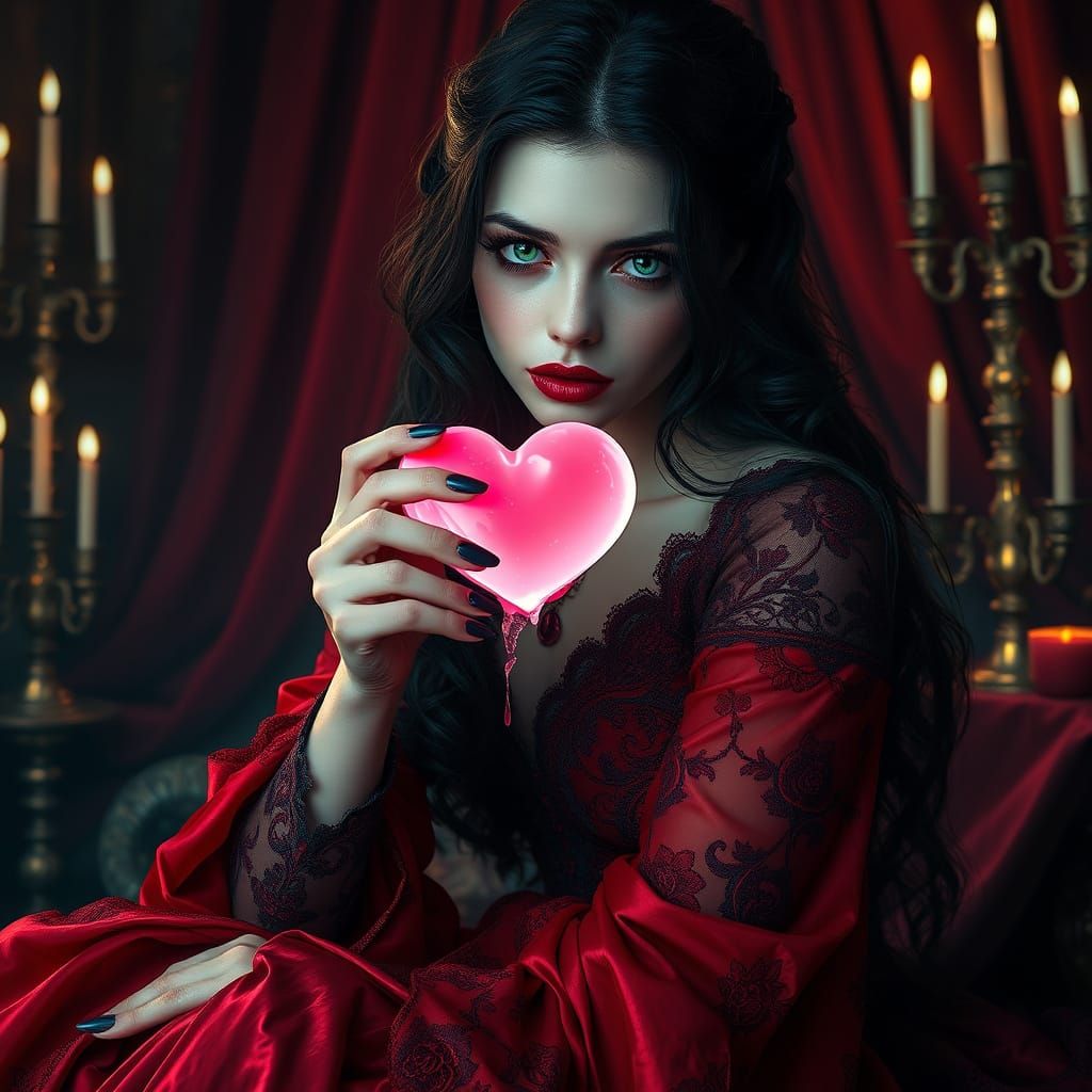 Seductive Vampire Goddess with Heart-Shaped Candy