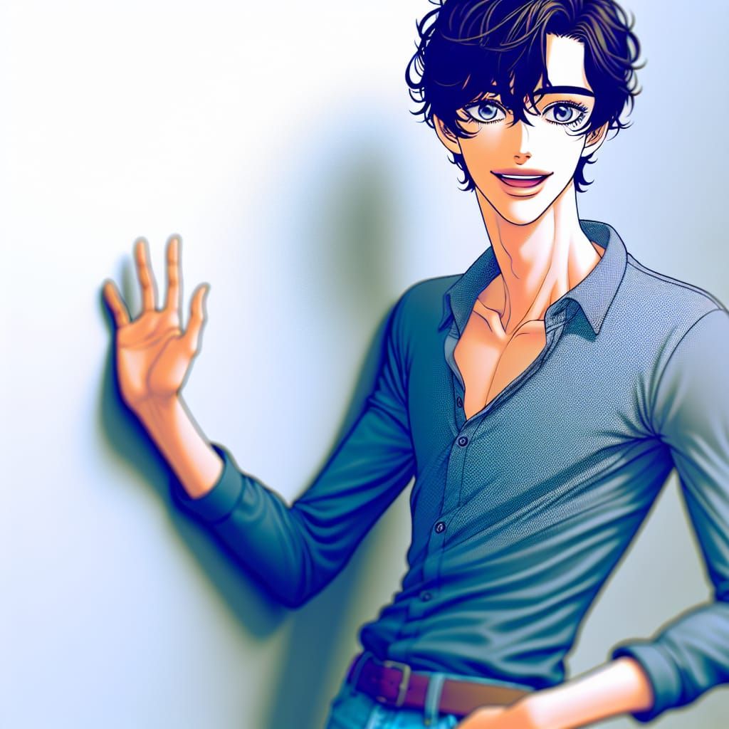 Young Man Waving in Webtoon Comic Art Style