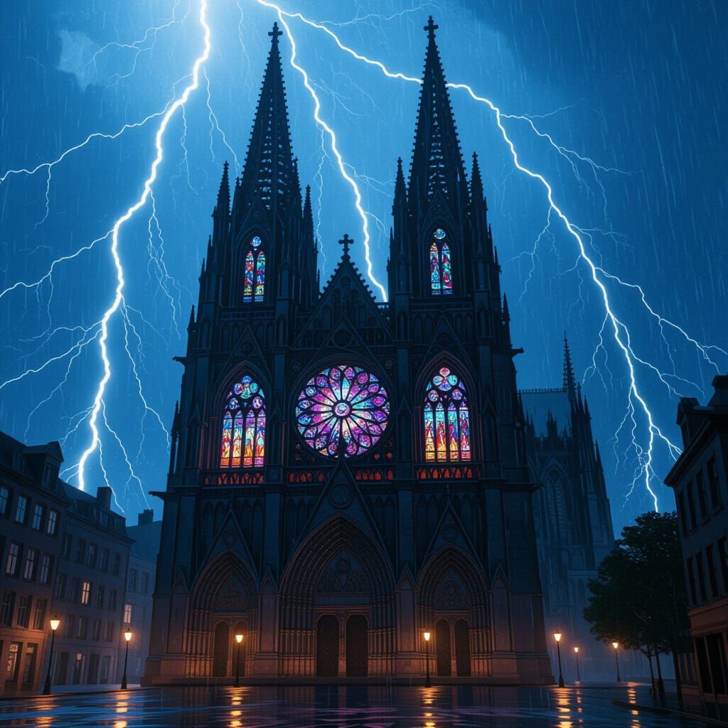 Gothic Cathedral in Thunderstorm, Digital Art Style