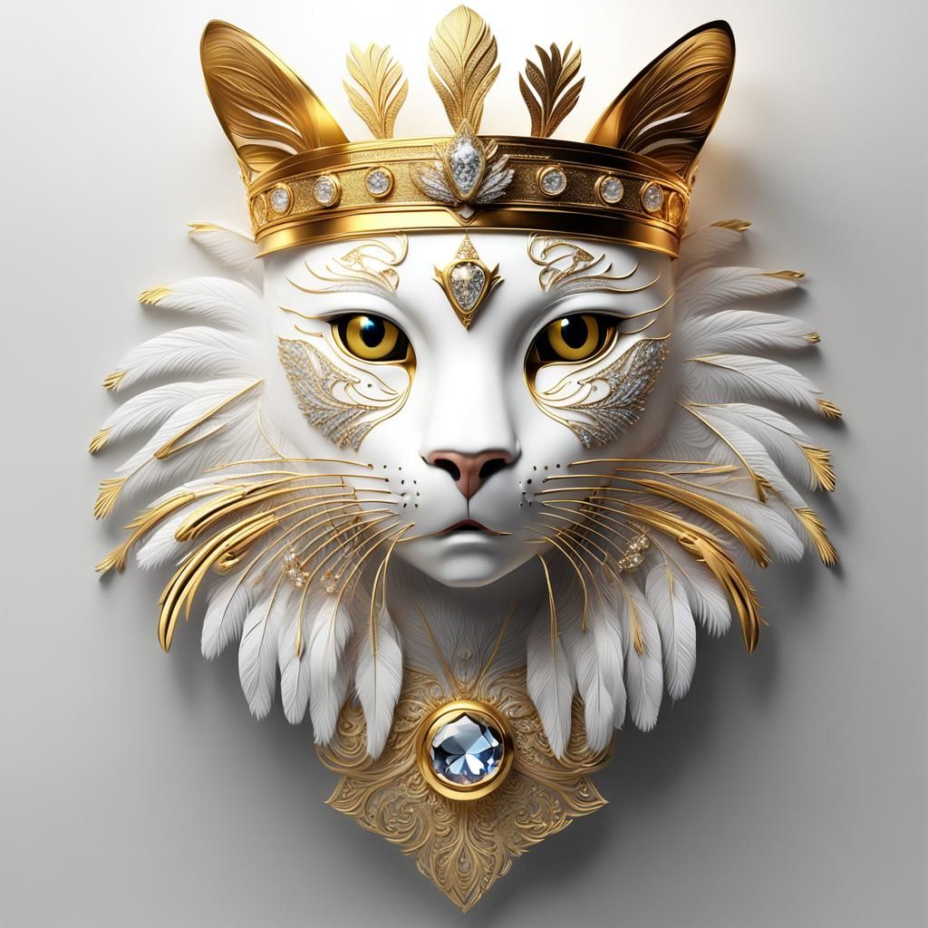 Golden Cat Face with Crown: 3D Royal Rendering