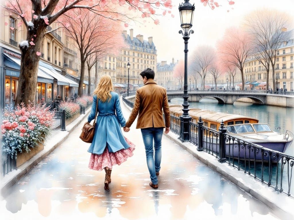 Romantic Paris Scene in Colored Ink Style