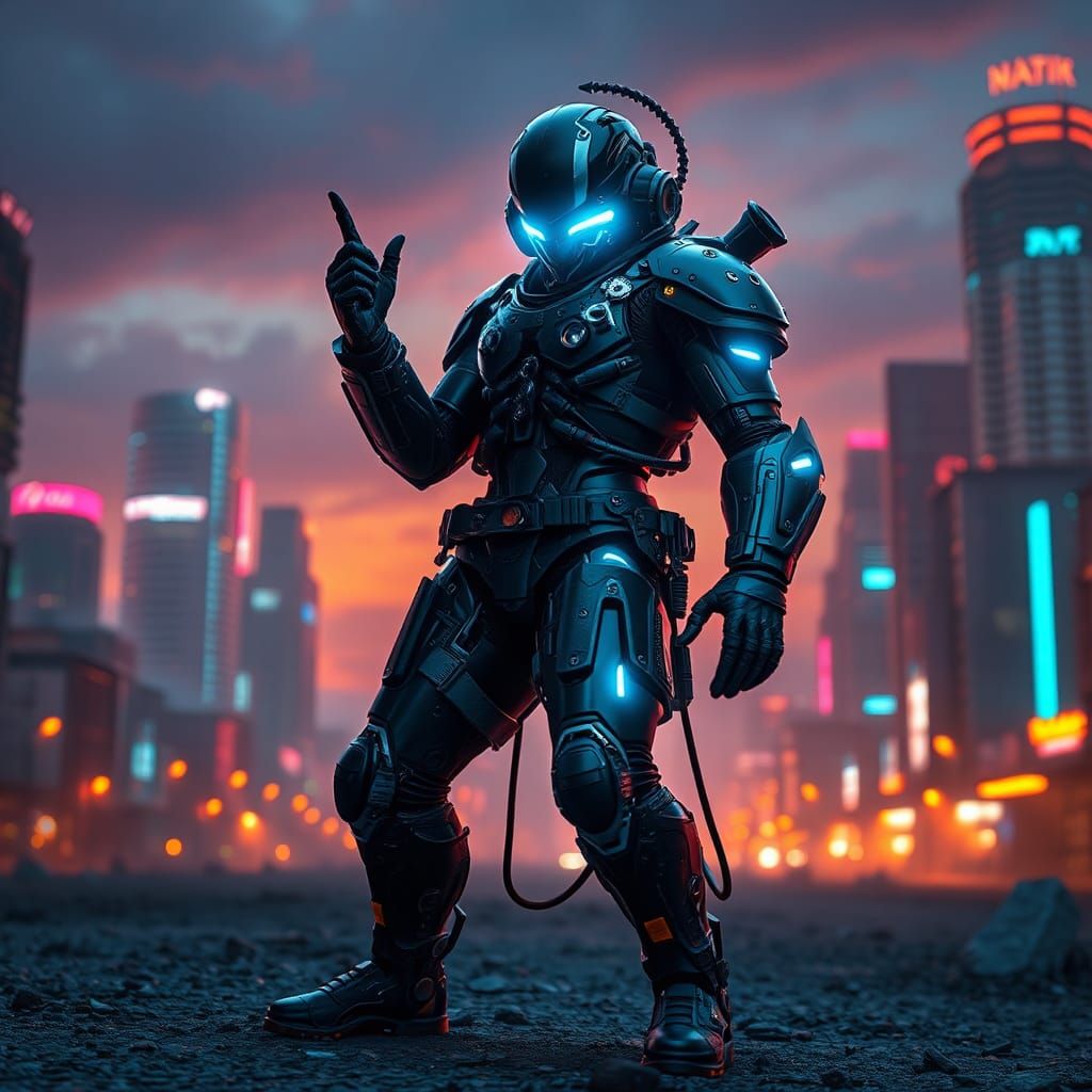 Futuristic Plague Doctor in Dystopian Cityscape