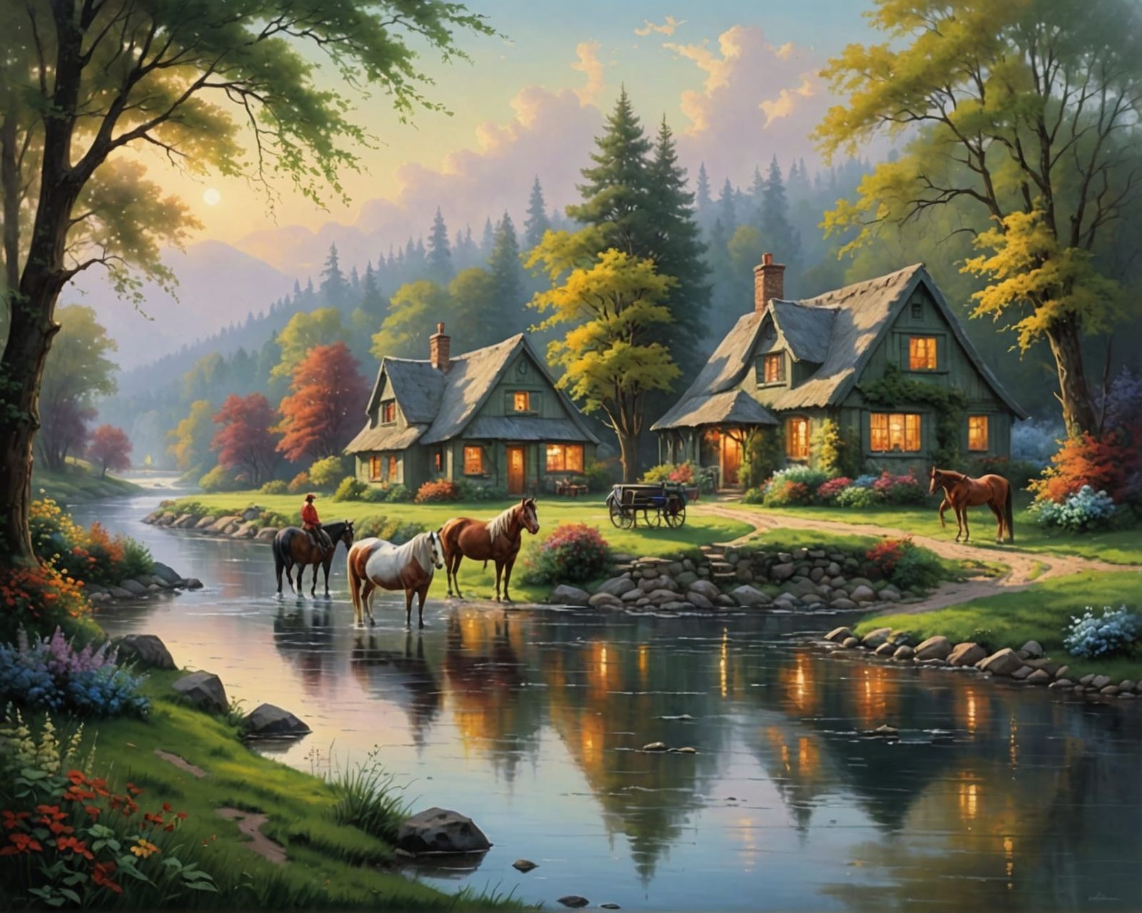 Picturesque Riverside Cottages in Oil Painting Style