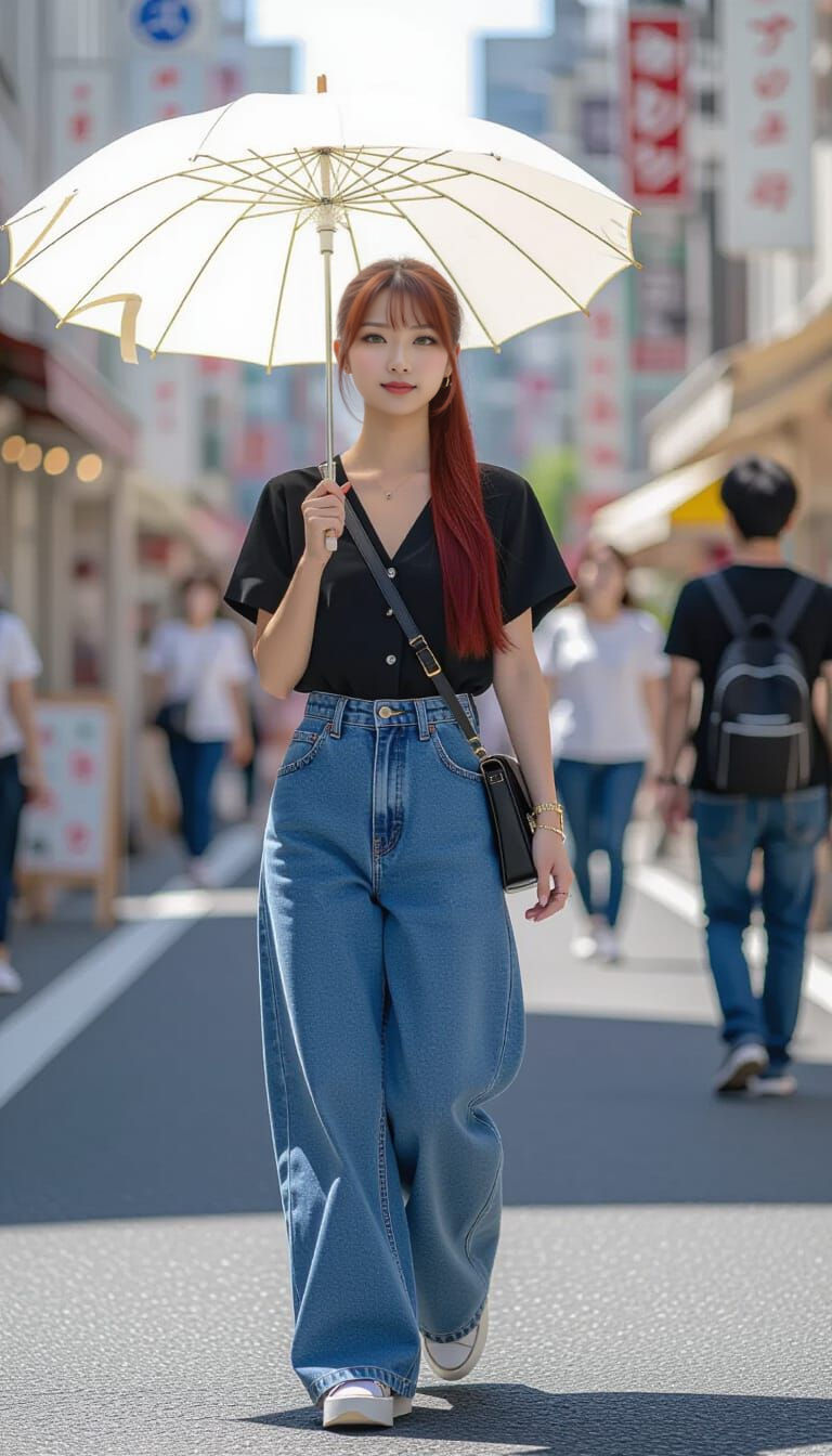Japanese Woman in Harajuku with Red Ponytail and Parasol