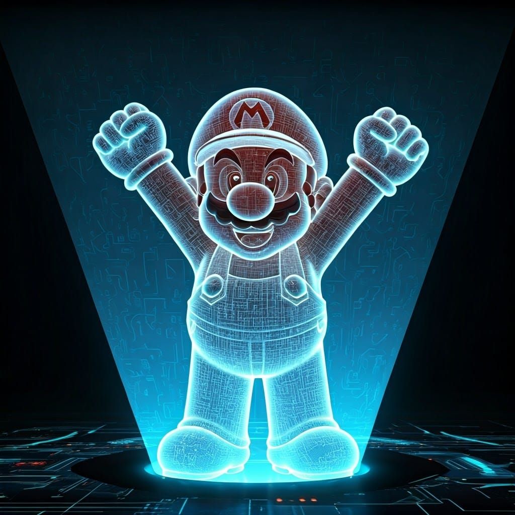 Mario Triumphant in Cyberpunk Metropolis