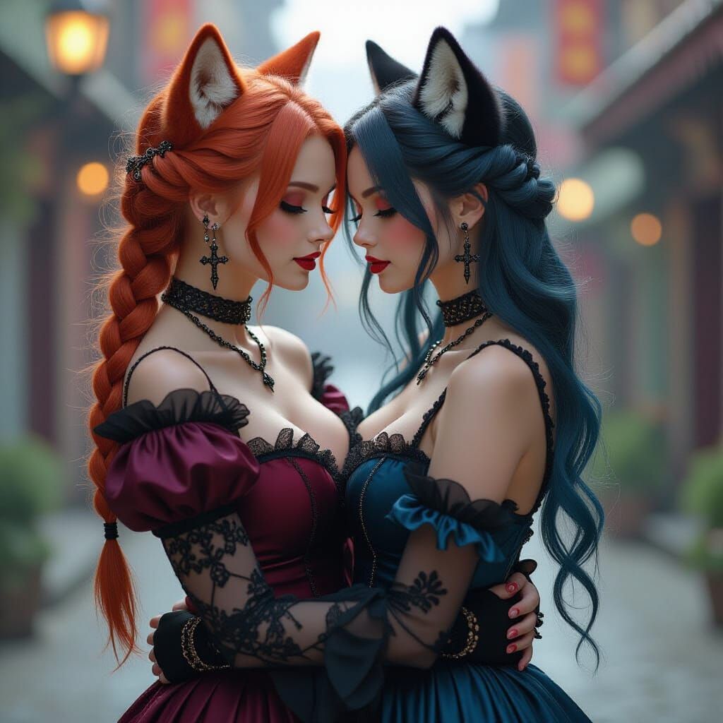 Two Gothic Wolf-Women Embrace in Ethereal Realism