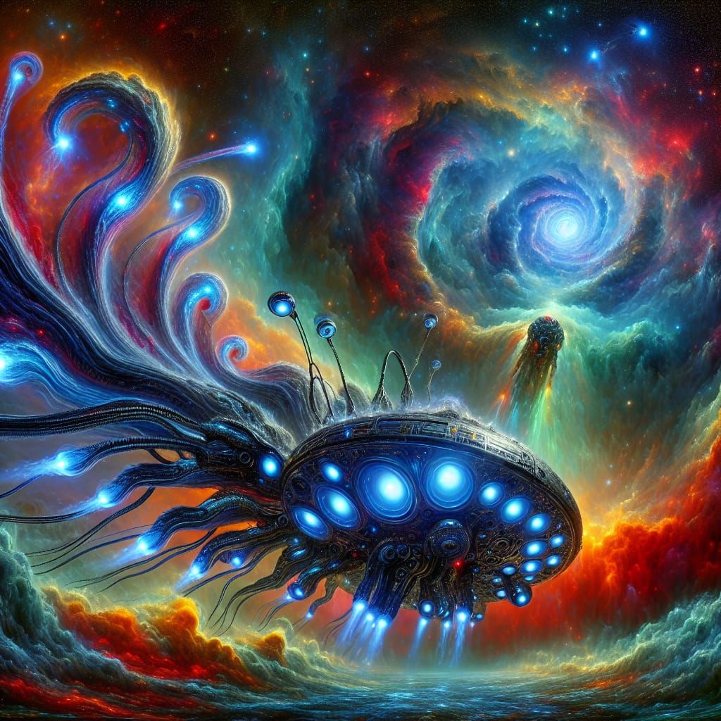 Living Alien Spacecraft in Rainbow Nebula