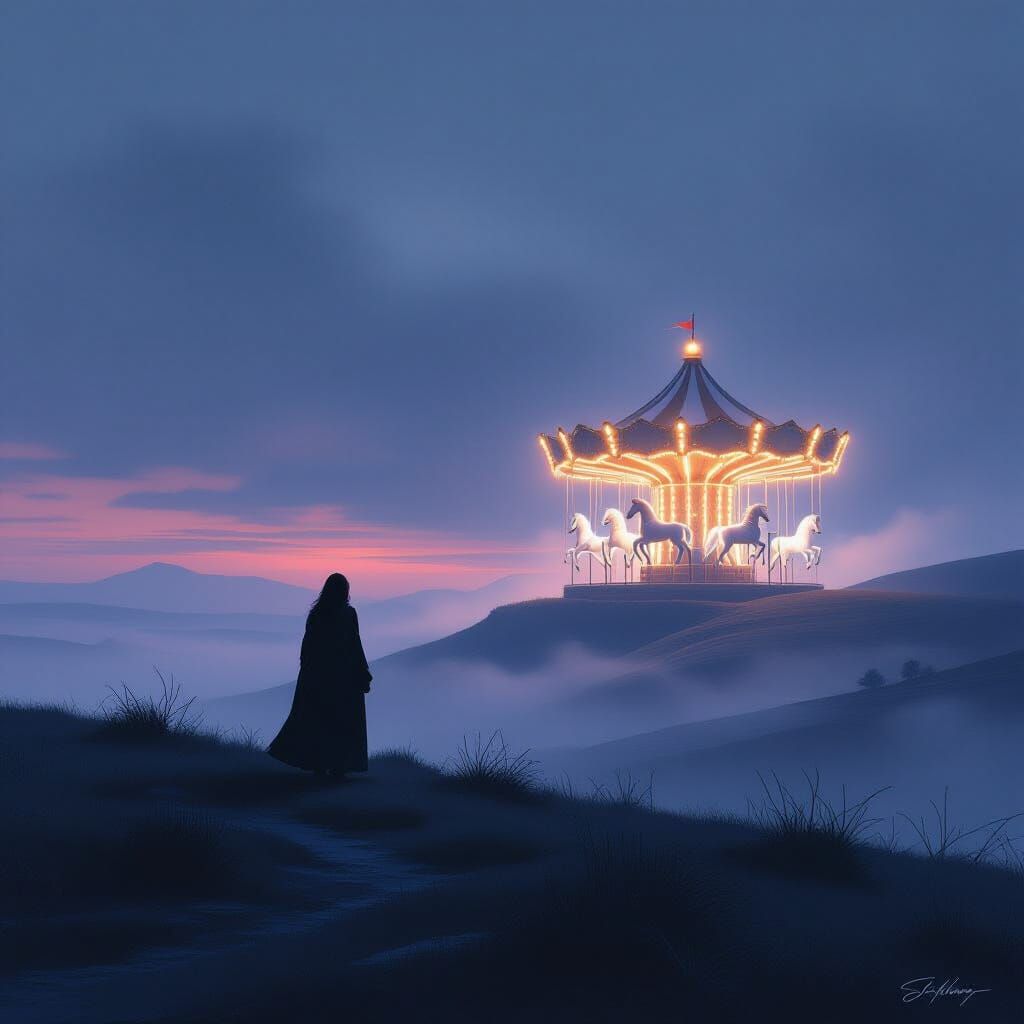 Shepherdess Gazes at Ethereal Carousel in Misty Twilight