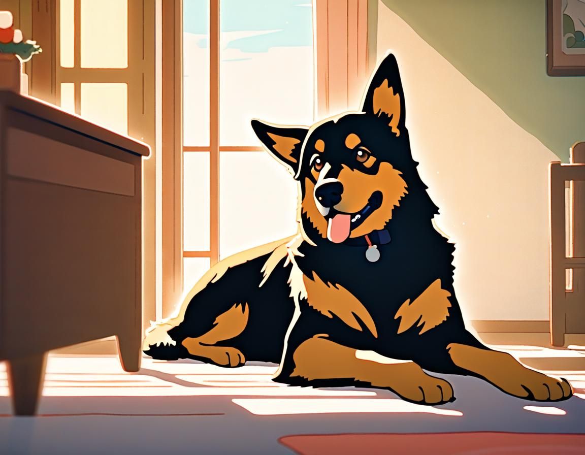 Sleepy German Shepherd in Cozy Anime Interior