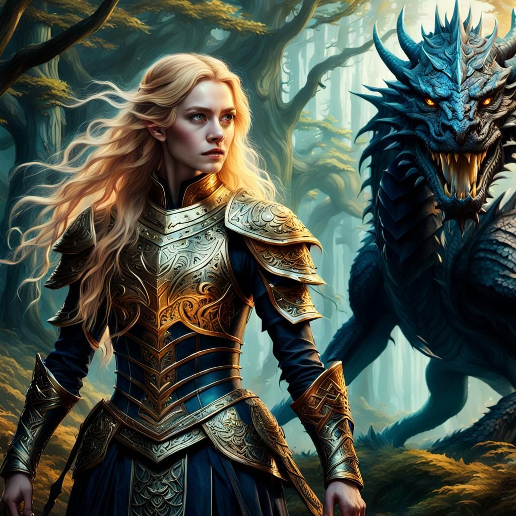 Majestic Woman and Black Dragon in Mystical Forest