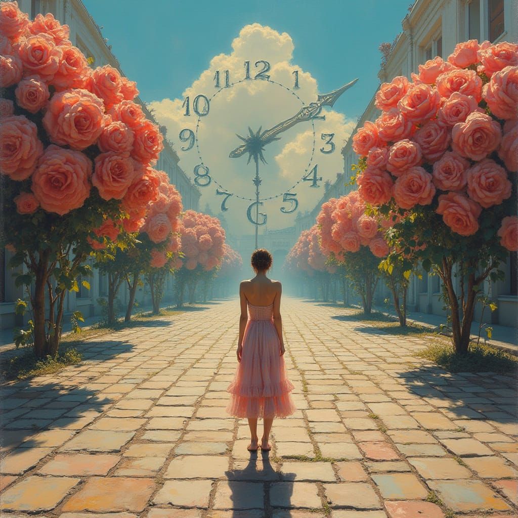 Surreal Plaza: Roses Transform into Melting Clocks