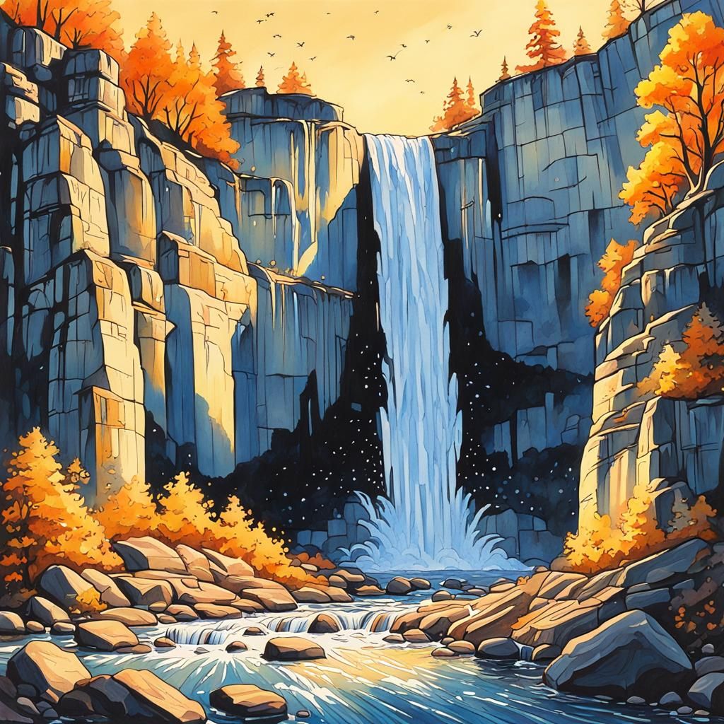 Majestic Waterfall in Comic Art Style