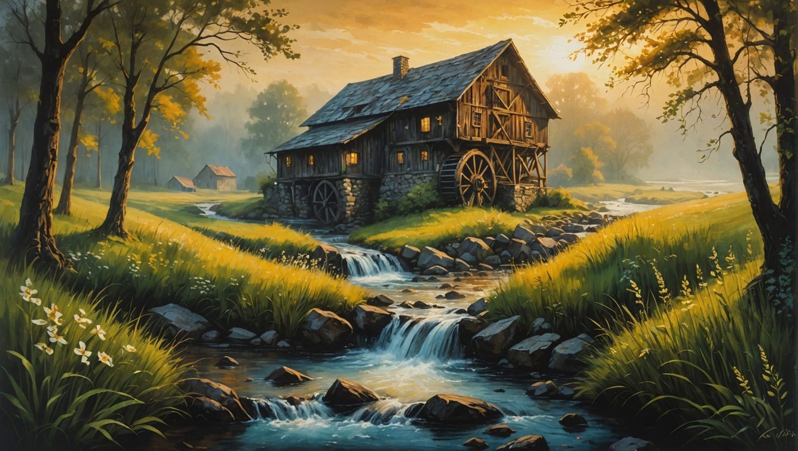 Rustic Water Mill in Foggy Meadow Acrylic Painting