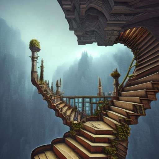 lucid dream MC Escher, clouds, stairs; detailed matte painting, fantastical, intricate detail, splash screen, complement...