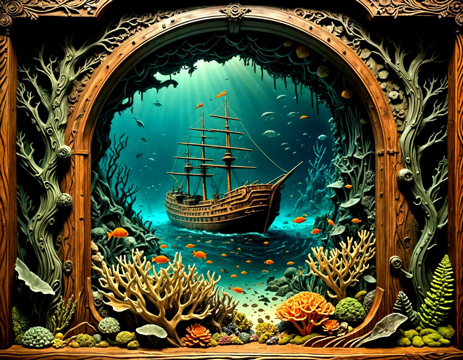 Sunken Ship Wood Carving Bas-Relief Masterpiece