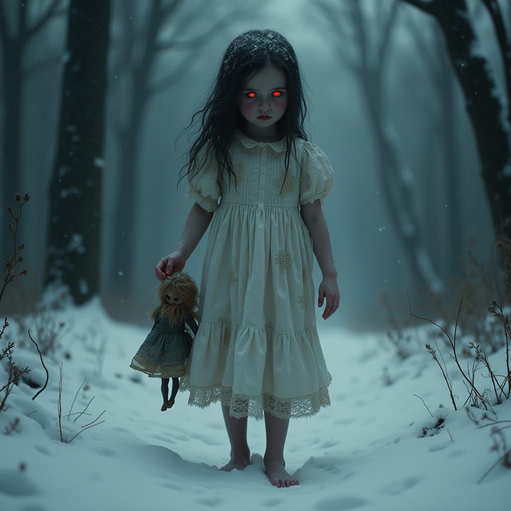 Vampire Girl in Snow With Glowing Red Eyes