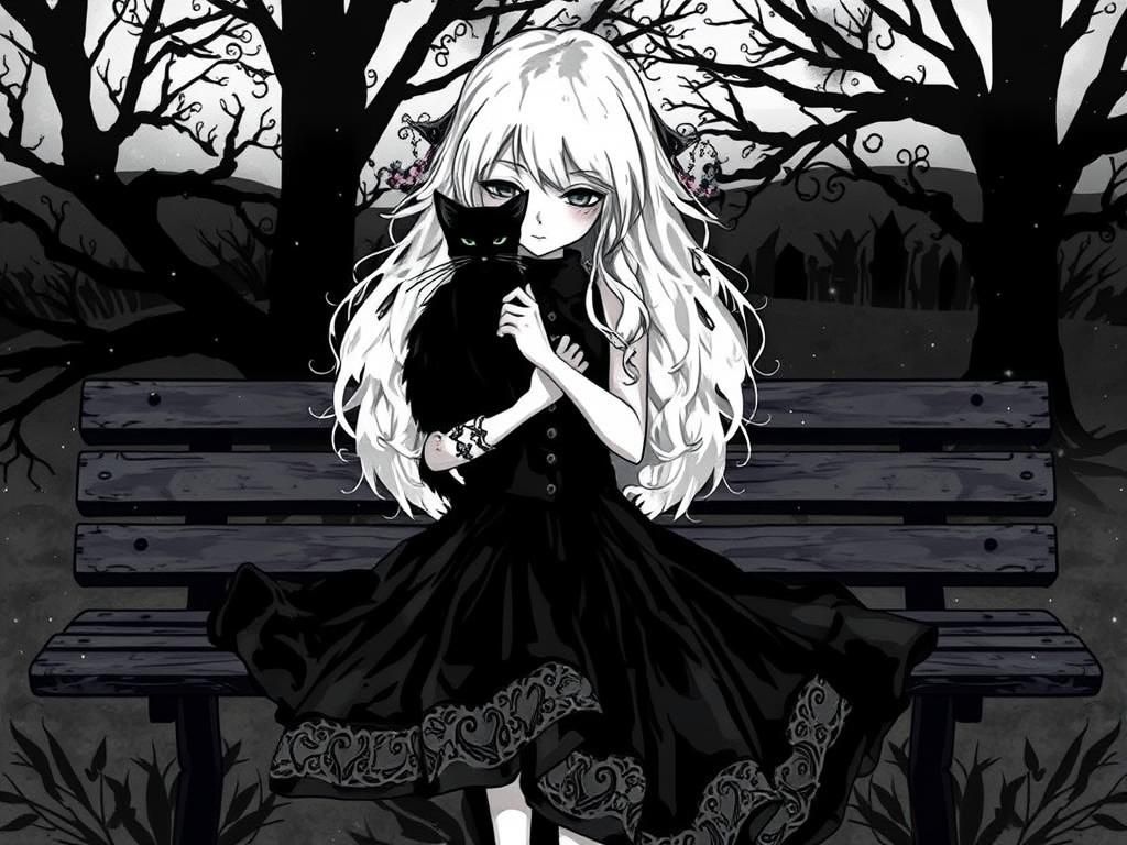 Monochrome Gothic Girl with Black Cat Illustration