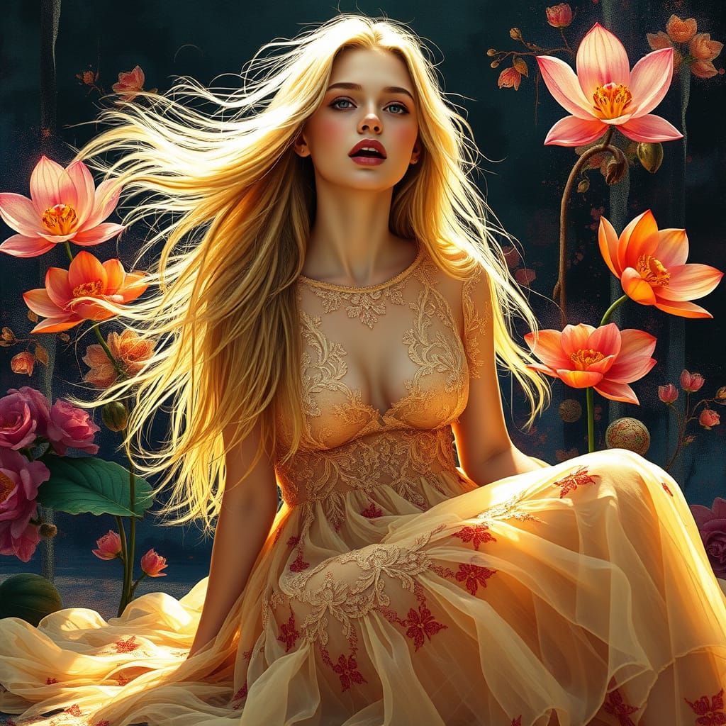 High-Fashion Editorial Photo of Woman in Lace Dress