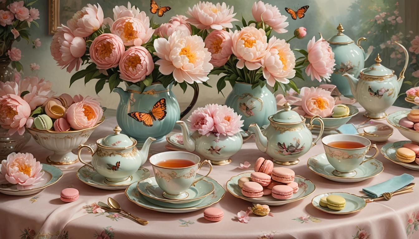 Pastel Tea Set with Peonies and Butterfly Brooch