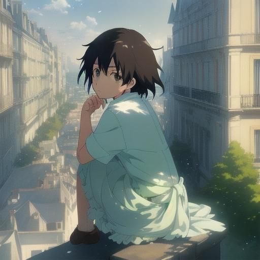 Paris Balcony Kitten in Anime Key Visual Style