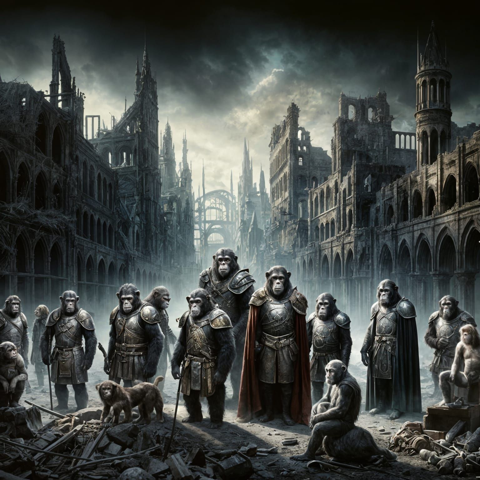 Apes in Medieval Armor Amidst Ruins
