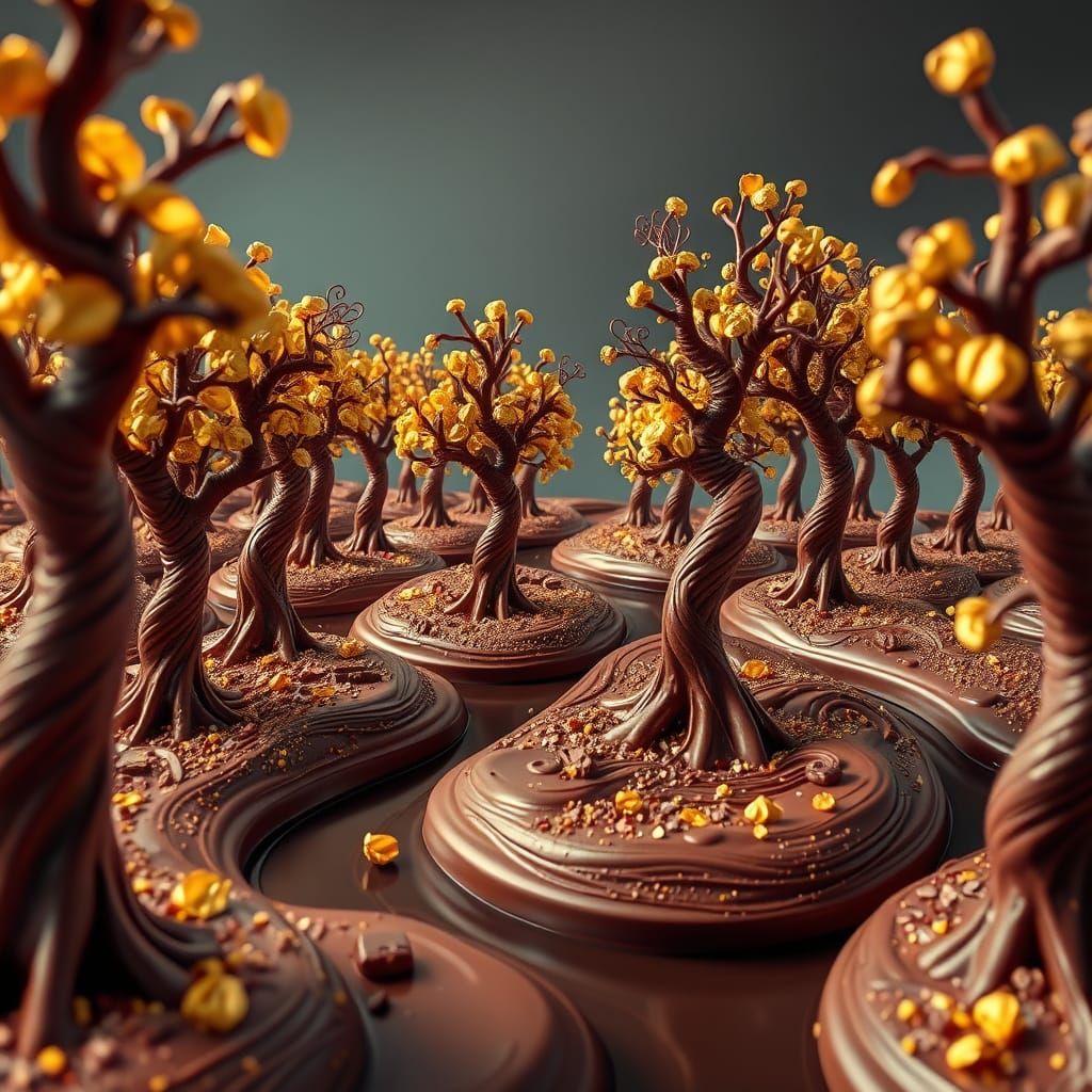 Chocolate Trees and Rivers in Dreamlike Landscape