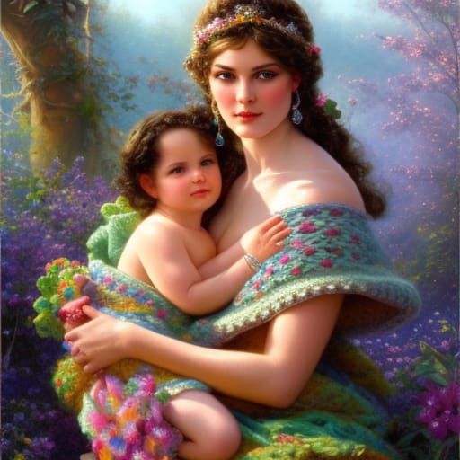 Happy Mother and Baby in Spring Glade