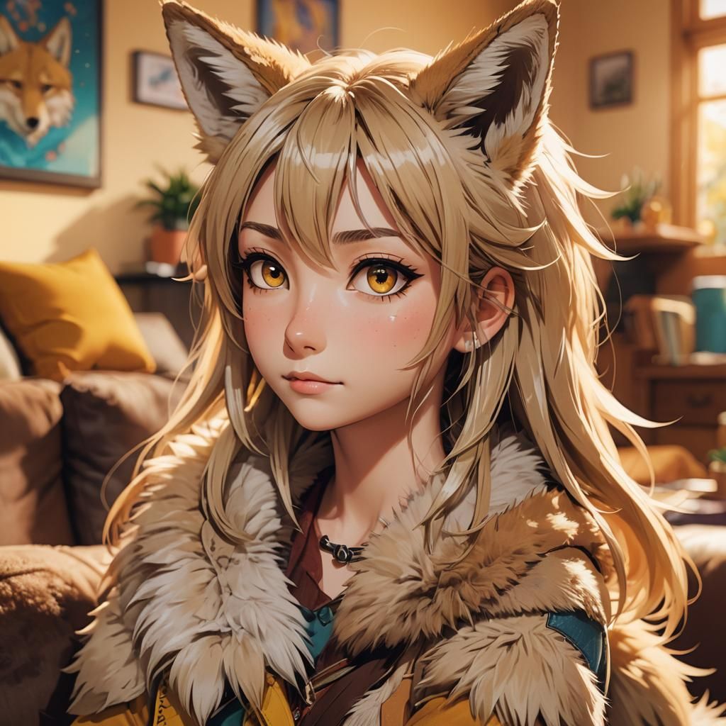 Anime Coyote Girl in Living Room, Toon Shaded